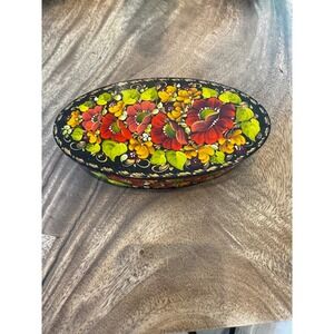 Vintage Hand Painted‎ Floral Lacquer Jewelry Box Oval Black Red Velvet Lined
